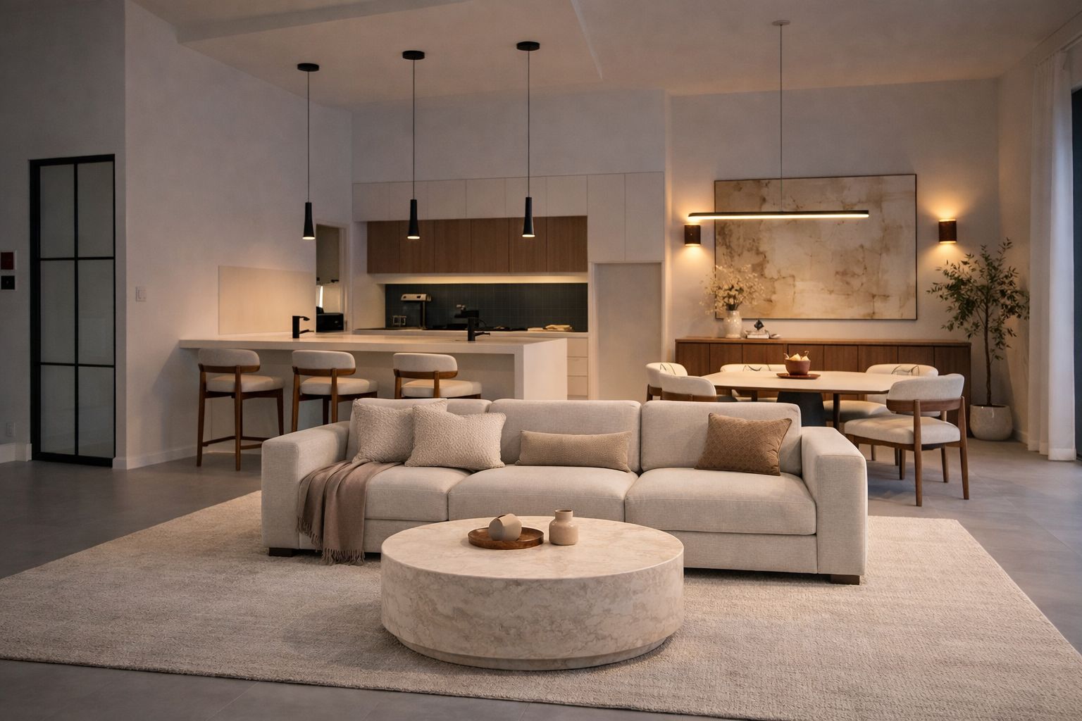 The vision from another angle — round ottoman and layered creams in the living room