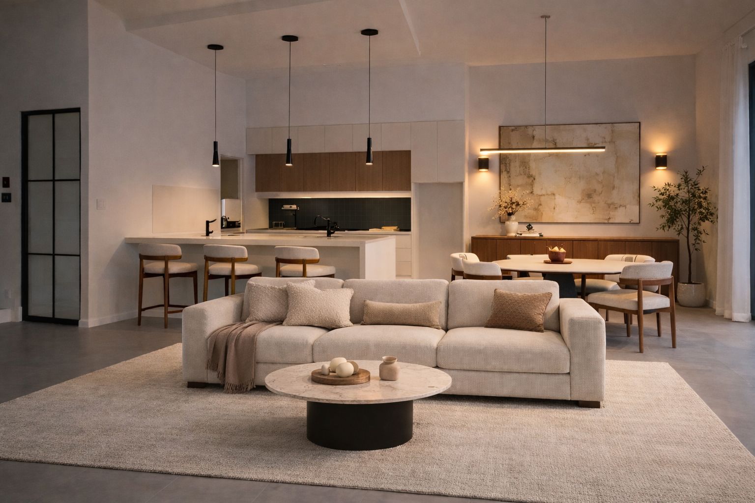 The Lagos–Sydney Muse — the approved vision: cream sofas and travertine in a light-filled living room