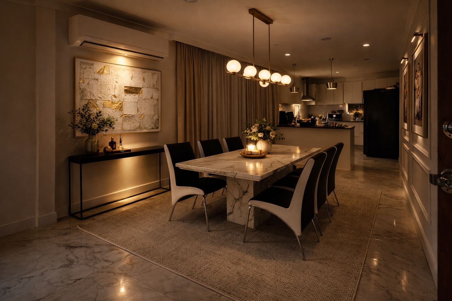 The vision by candlelight — warm globes and candle glow over the marble table