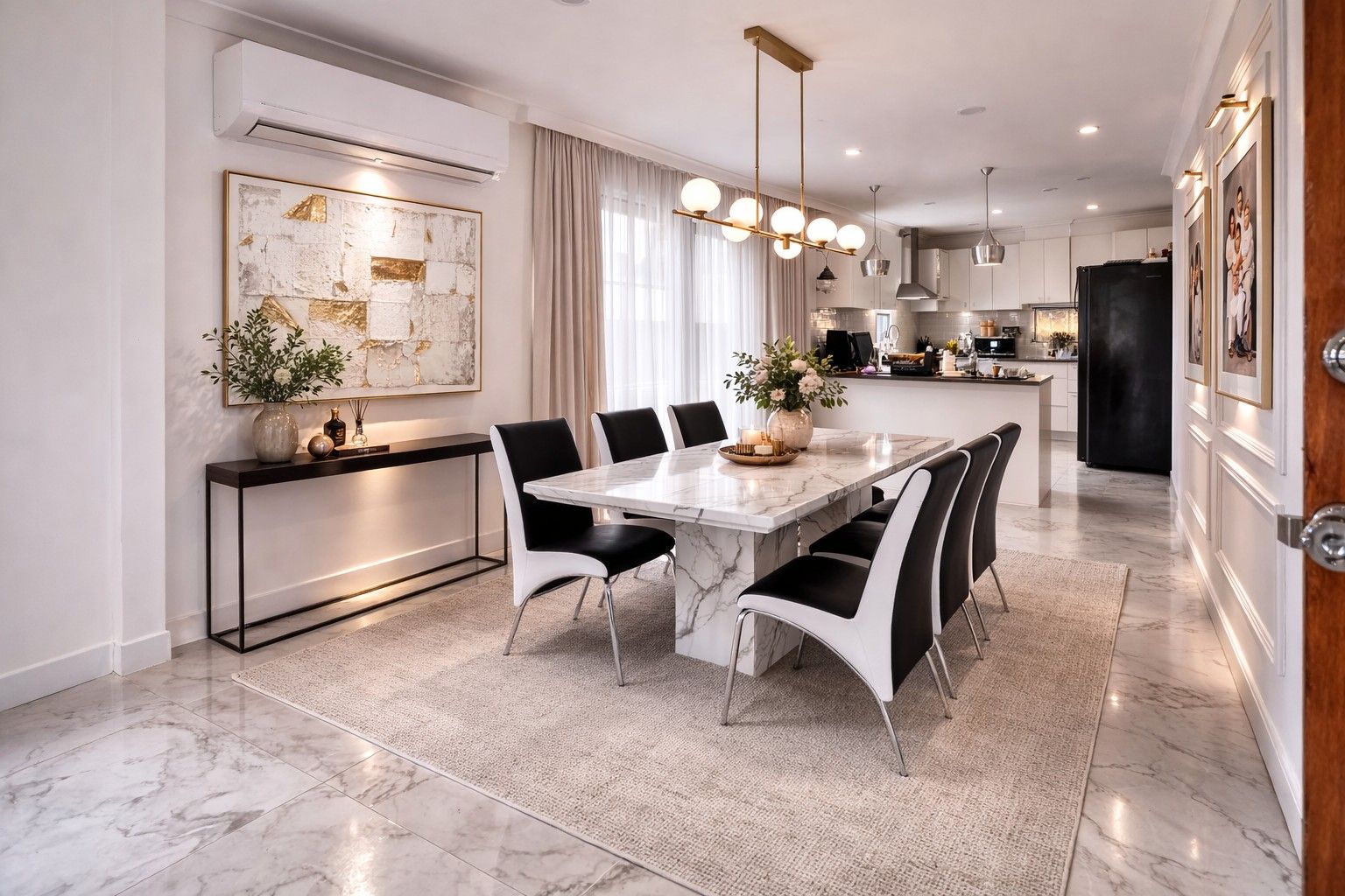 Sculpted Serenity — the design vision: sculpted marble dining beneath brass globes
